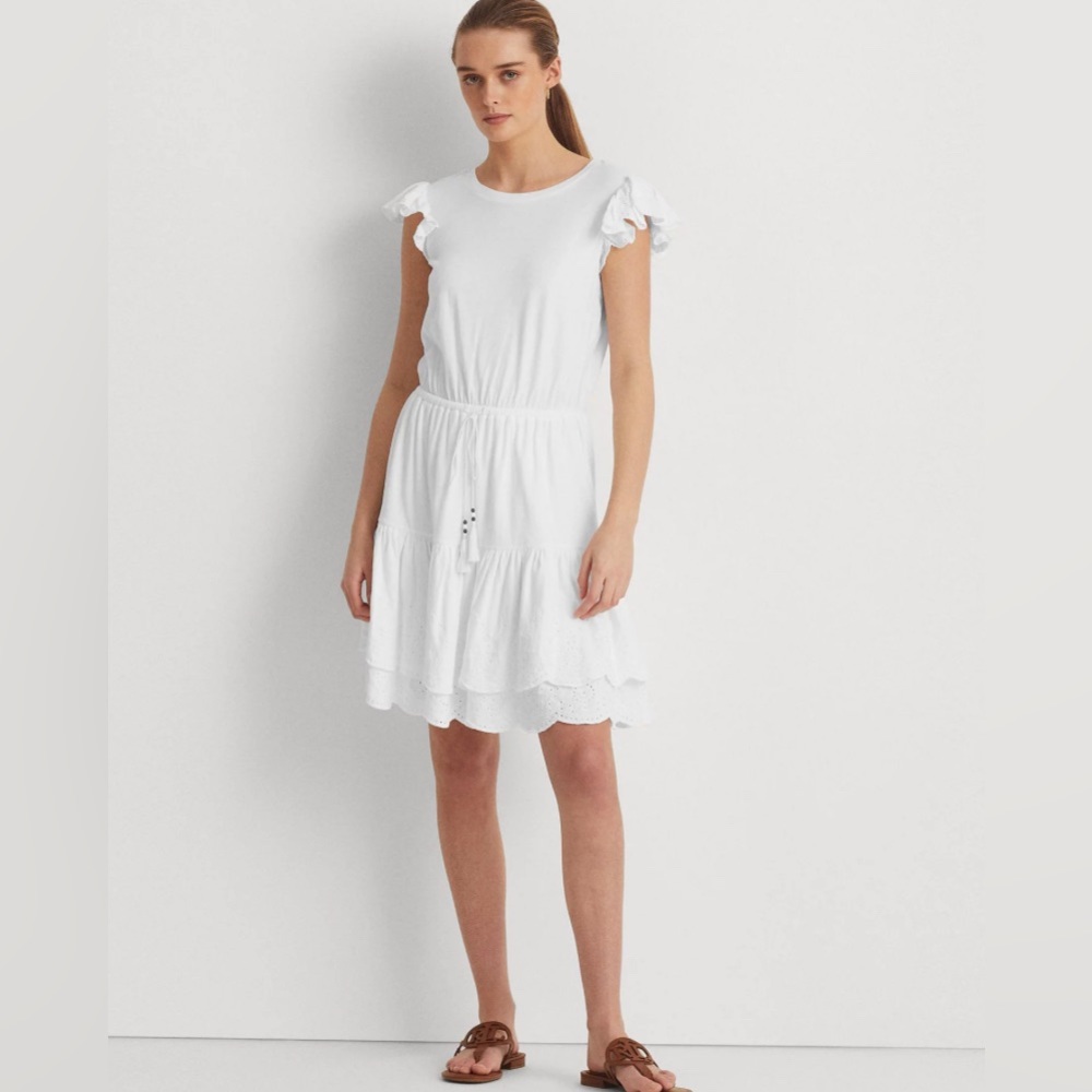 RALPH LAUREN Womens White Eyelet Ruffled Drawstring Waist Lined Tiered